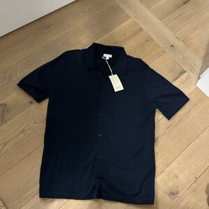 NWT new SUNSPEL Sea Island Cotton-Jersey Polo Shirt navy blue button up large L